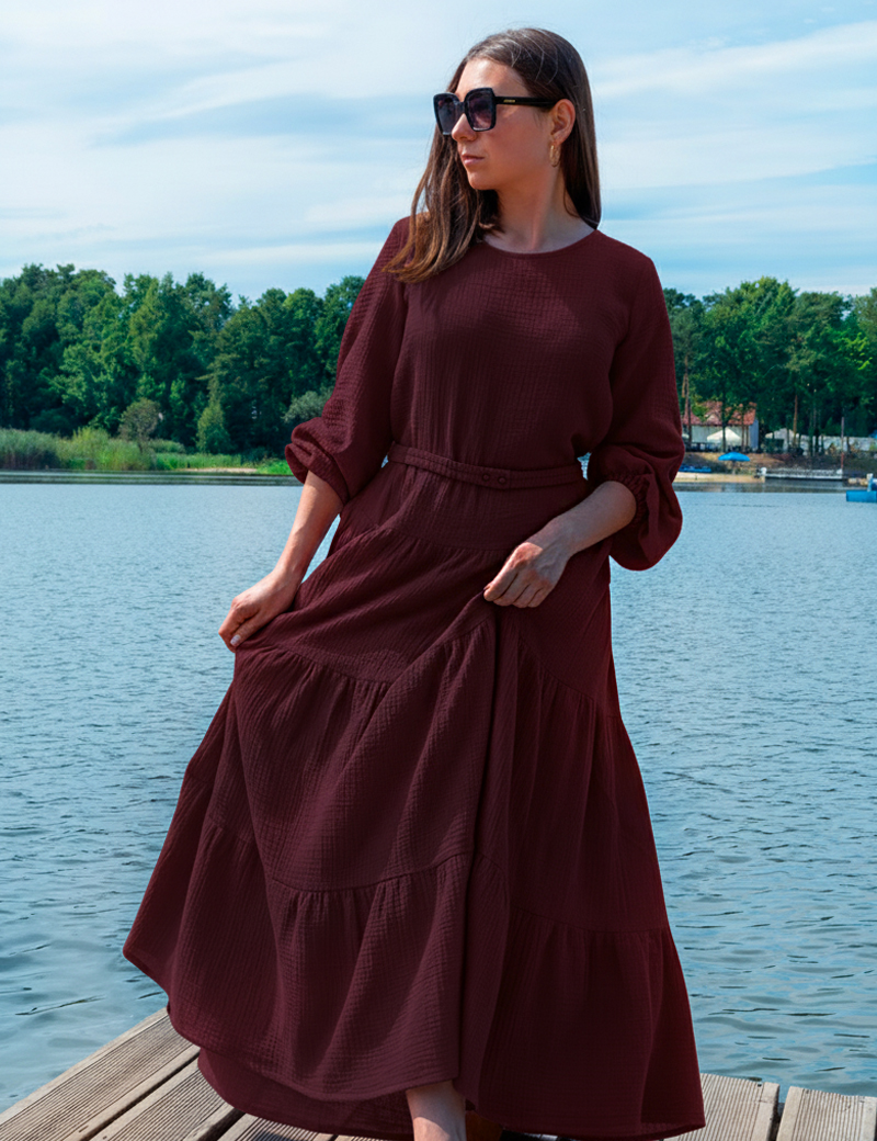 Long Dress in Bordo Muslin with Elasticated Waist Sandra